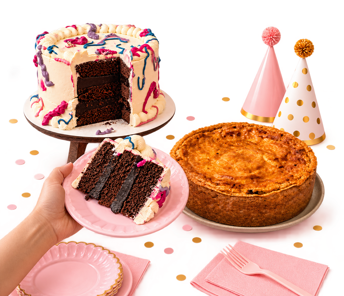Combo de festa Priess Cakes com bolo, fatia, torta e acessórios de comemoração