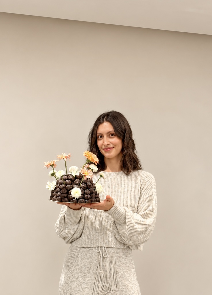 Júlia, confeiteira por trás da Priess Cakes, segurando uma criação de chocolate